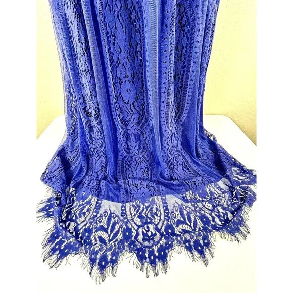 Merokeety Maxi Dress Lace Overlay Indigo Blue Boho Crochet Fringe Knit V Neck L - Picture 11 of 16